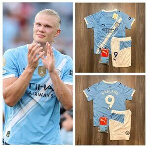 Erling Haaland Manchester City 2025–26 Home Kids Soccer Jersey Kit